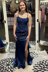 Dreamyannie Mermaid Navy Prom Dress Corset Long Lace Evening Dress With Slit
