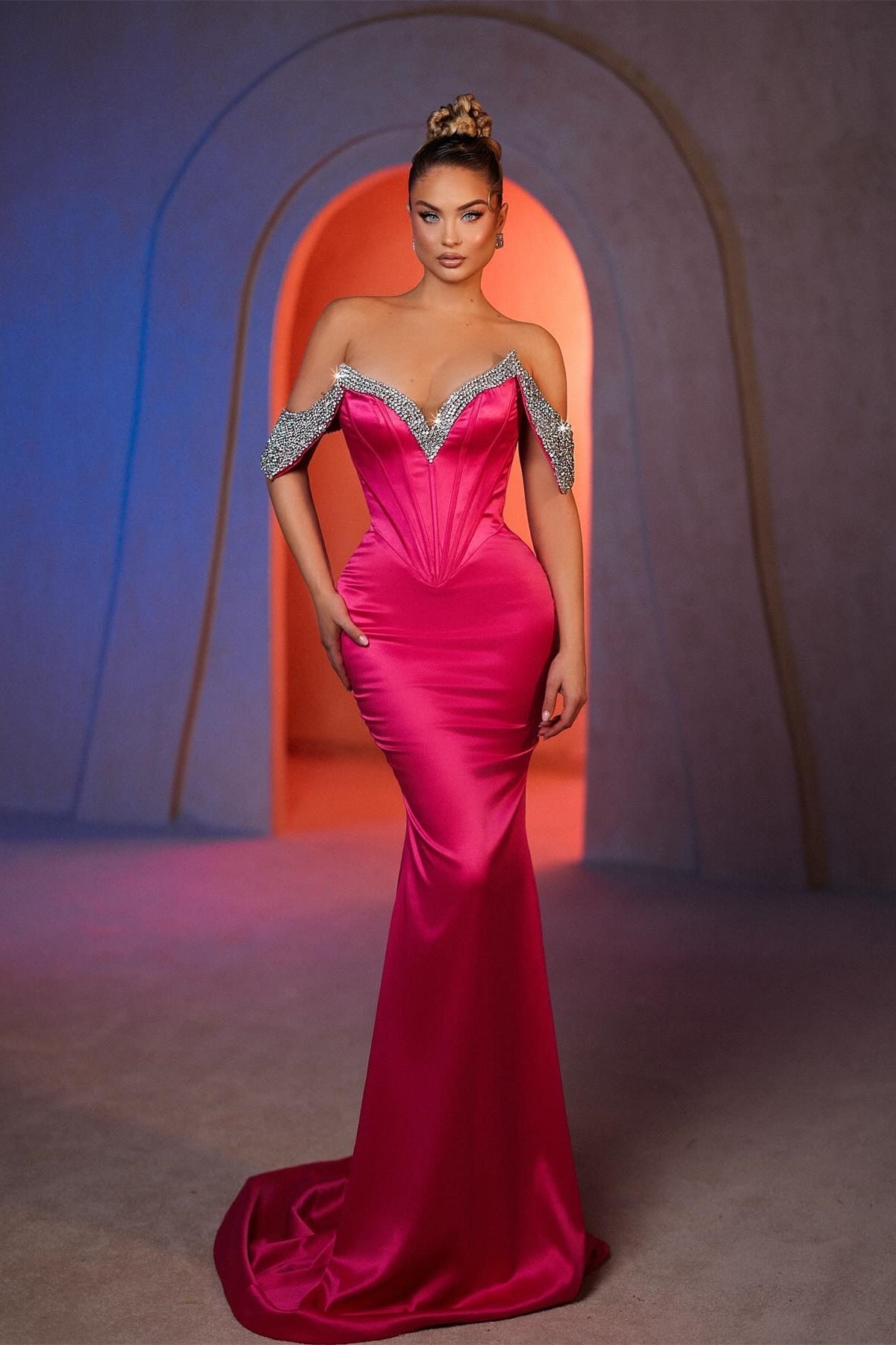 Dreamyannie Mermaid Off The Shoulder Sleeveless Rhinestone Satin Evening Dress
