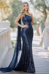 Dreamyannie Mermaid One Shoulder Cape Navy Wedding Guest Dress Prom Dress