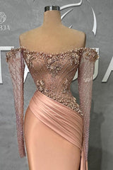 Dreamyannie Mermaid Prom Dress Off The Shoulder Satin Beaded Formal Dress With Sleeves