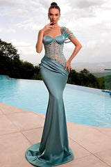 Dreamyannie Mermaid Prom Dress One Shoulder Beading Satin Sleeveless Formal Dress