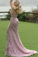 Dreamyannie Mermaid Prom Dress Strapless Lace Glitter Sleeveless Formal Dress With Slit