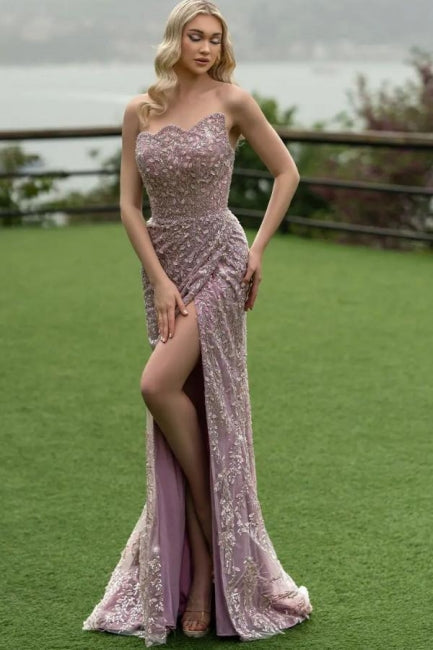 Dreamyannie Mermaid Prom Dress Strapless Lace Glitter Sleeveless Formal Dress With Slit