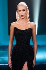 Dreamyannie Mermaid Prom Dress Strapless sequined Formal Dress with Slit