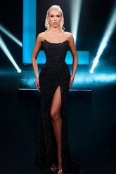 Dreamyannie Mermaid Prom Dress Strapless sequined Formal Dress with Slit