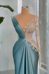Dreamyannie Mermaid Prom Dress V Neck Lace Rhinestones Satin Sleeve Formal Dress
