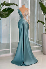 Dreamyannie Mermaid Prom Dress V Neck Lace Rhinestones Satin Sleeve Formal Dress