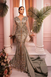 Dreamyannie Mermaid Prom Dress V Neck Tulle Sleeves Embroidery Sweep Train Satin Formal Dress With Slit