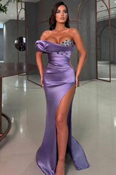 Dreamyannie Mermaid Purple Prom Dress One Shoulder Sleeveless Rhinestones Evening Dress With Slit