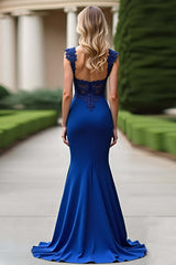 Dreamyannie Mermaid Royal Blue Wedding Guest Dress V-Neck Long Formal Dress With Appliques