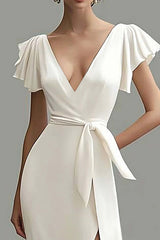 Dreamyannie Mermaid Satin White Deep V Neck Long Formal Dress With Slit