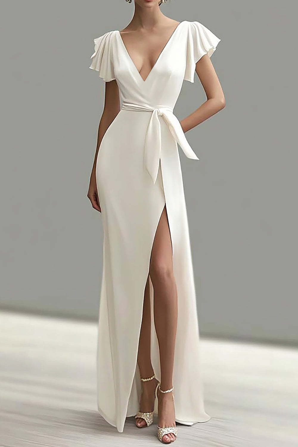 Dreamyannie Mermaid Satin White Deep V Neck Long Formal Dress With Slit