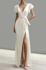 Dreamyannie Mermaid Satin White Deep V Neck Long Formal Dress With Slit