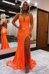 Dreamyannie Mermaid Spaghetti Straps Orange Prom Dress Evening Dress With 3D Flowers