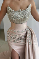Dreamyannie Mermaid Strapless Satin Jewels Evening Dress With Side Slit