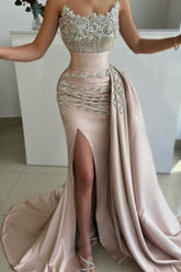 Dreamyannie Mermaid Strapless Satin Jewels Evening Dress With Side Slit