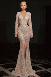 Dreamyannie Mermaid V Neck Sleeves Beaded Sequined Slit Tulle Formal Dress With Rhinestones