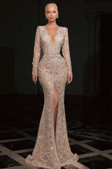 Dreamyannie Mermaid V Neck Sleeves Beaded Sequined Slit Tulle Formal Dress With Rhinestones