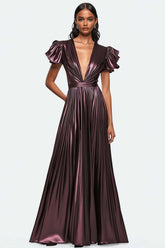 Dreamyannie Metallic Dusty Purple Wedding Guest Dress V-Neck Pleated Satin Formal Dress