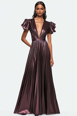Dreamyannie Metallic Dusty Purple Wedding Guest Dress V-Neck Pleated Satin Formal Dress
