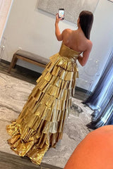 Dreamyannie Metallic Gold A-Line Sweetheart Long Tiered Ruffle Prom Gown Formal Evening Gown