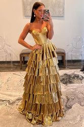 Dreamyannie Metallic Gold A-Line Sweetheart Long Tiered Ruffle Prom Gown Formal Evening Gown
