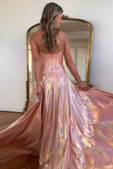 Dreamyannie Metallic Pink Prom Dress Sweetheart Long Formal Dress With Slit