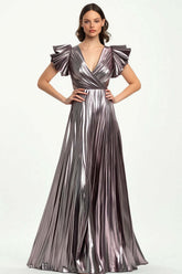 Dreamyannie Metallic Taro Purple Wedding Guest Dress Pleated Formal Dress With Short Ruffled Sleeves