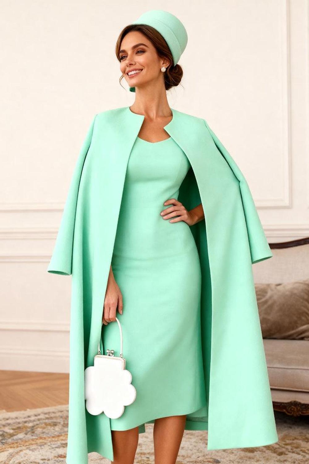 Dreamyannie Mint Bodycon Satin 2 Piece Knee Length Mother Of The Bride Dress With Jacket