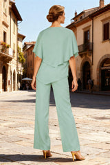 Dreamyannie Mint Green Chiffon Bateau Neck 2 Piece Mother Of The Bride Pant Suits With Sleeves