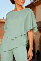 Dreamyannie Mint Green Chiffon Bateau Neck 2 Piece Mother Of The Bride Pant Suits With Sleeves