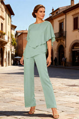 Dreamyannie Mint Green Chiffon Bateau Neck 2 Piece Mother Of The Bride Pant Suits With Sleeves