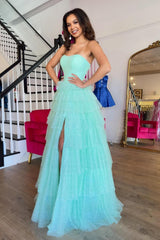 Dreamyannie Mint Prom Dress A-Line Sweetheart Tiered Long Evening Dress With Slit