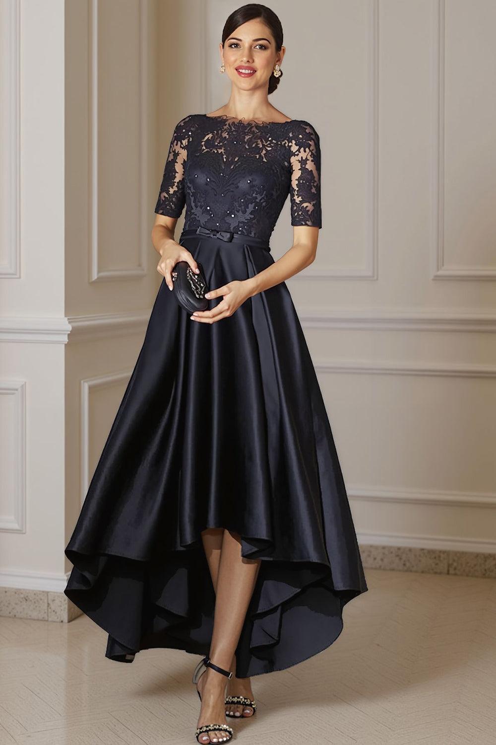 Dreamyannie Navy Bateau Neck Beaded High Low Mother Of The Bride Dress With Bow
