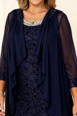 Dreamyannie Navy Beaded Round Neck Short 2 Piece Mother Of The Bride Dress With Jacket