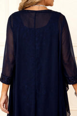 Dreamyannie Navy Beaded Round Neck Short 2 Piece Mother Of The Bride Dress With Jacket
