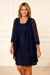 Dreamyannie Navy Beaded Round Neck Short 2 Piece Mother Of The Bride Dress With Jacket