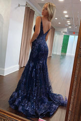 Dreamyannie Navy Blue Mermaid Spaghetti Strap Long Sequin Prom Dress Formal Evening Gown