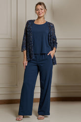Dreamyannie Navy Boat Neck 3 Piece Mother Of The Bride Pant Suits With Jacket