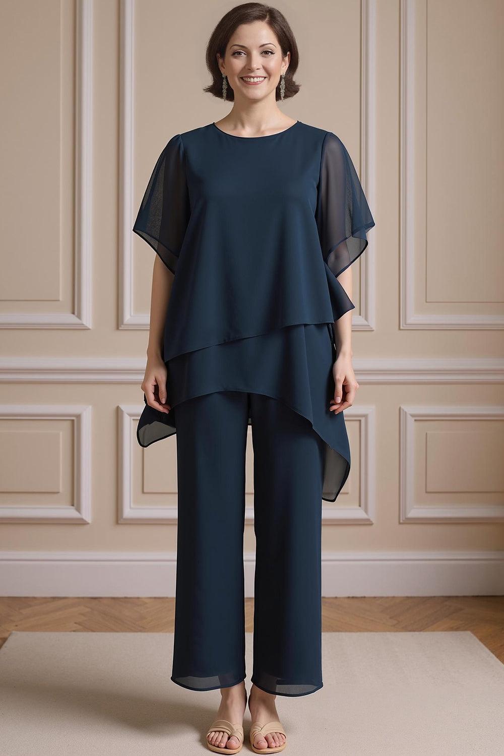 Dreamyannie Navy Boat Neck Chiffon 2 Piece Mother Of The Bride Pant Suits With Sleeves