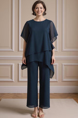 Dreamyannie Navy Boat Neck Chiffon 2 Piece Mother Of The Bride Pant Suits With Sleeves