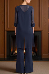 Dreamyannie Navy Boat Neck Chiffon 3 Piece Mother Of The Bride Pant Suits With Jacket