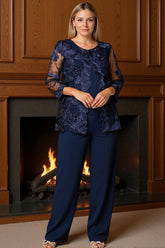 Dreamyannie Navy Boat Neck Floral 3 Piece Mother Of The Bride Pant Suits With Jacket