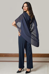 Dreamyannie Navy Chiffon Boat Neck 2 Piece Mother Of The Bride Pant Suits With Sleeves