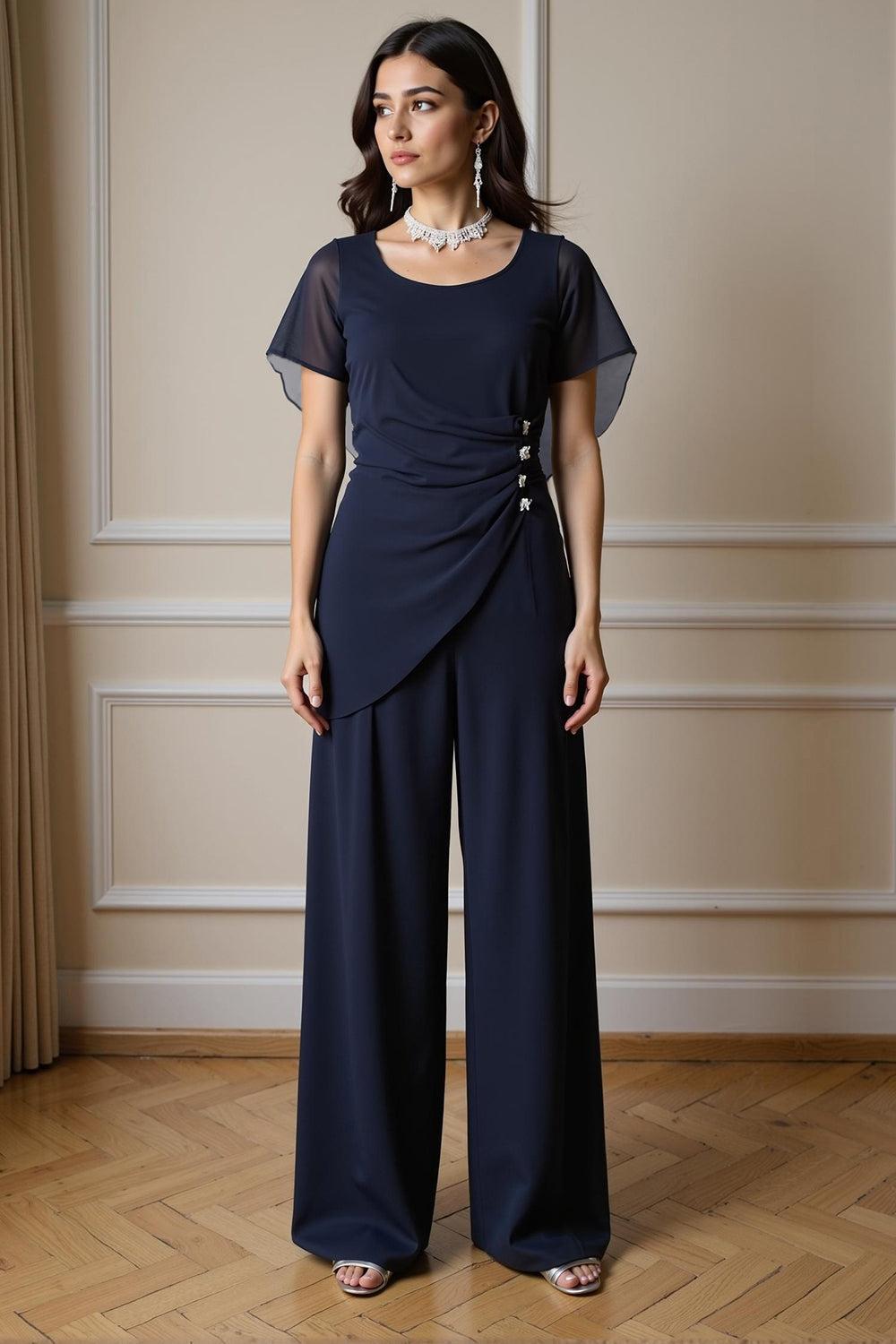 Dreamyannie Navy Chiffon Boat Neck 2 Piece Mother Of The Bride Pant Suits With Sleeves