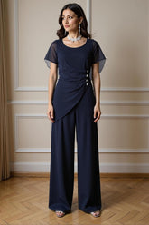 Dreamyannie Navy Chiffon Boat Neck 2 Piece Mother Of The Bride Pant Suits With Sleeves