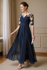 Dreamyannie Navy Chiffon Boat Neck Ankle Length Mother Of The Bride Jumpsuits With Cape