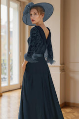 Dreamyannie Navy Feathered Boat Neck Floor Length Mother Of The Bride Jumpsuits With Cape