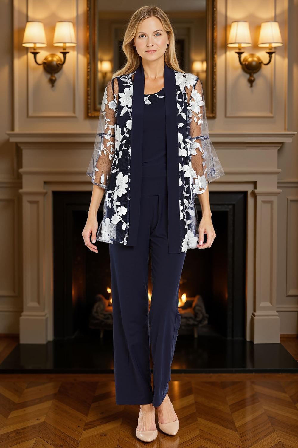 Dreamyannie Navy Floral 3 Piece Scoop Neck Mother Of The Bride Pant Suits With Jacket