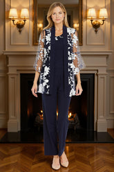 Dreamyannie Navy Floral 3 Piece Scoop Neck Mother Of The Bride Pant Suits With Jacket